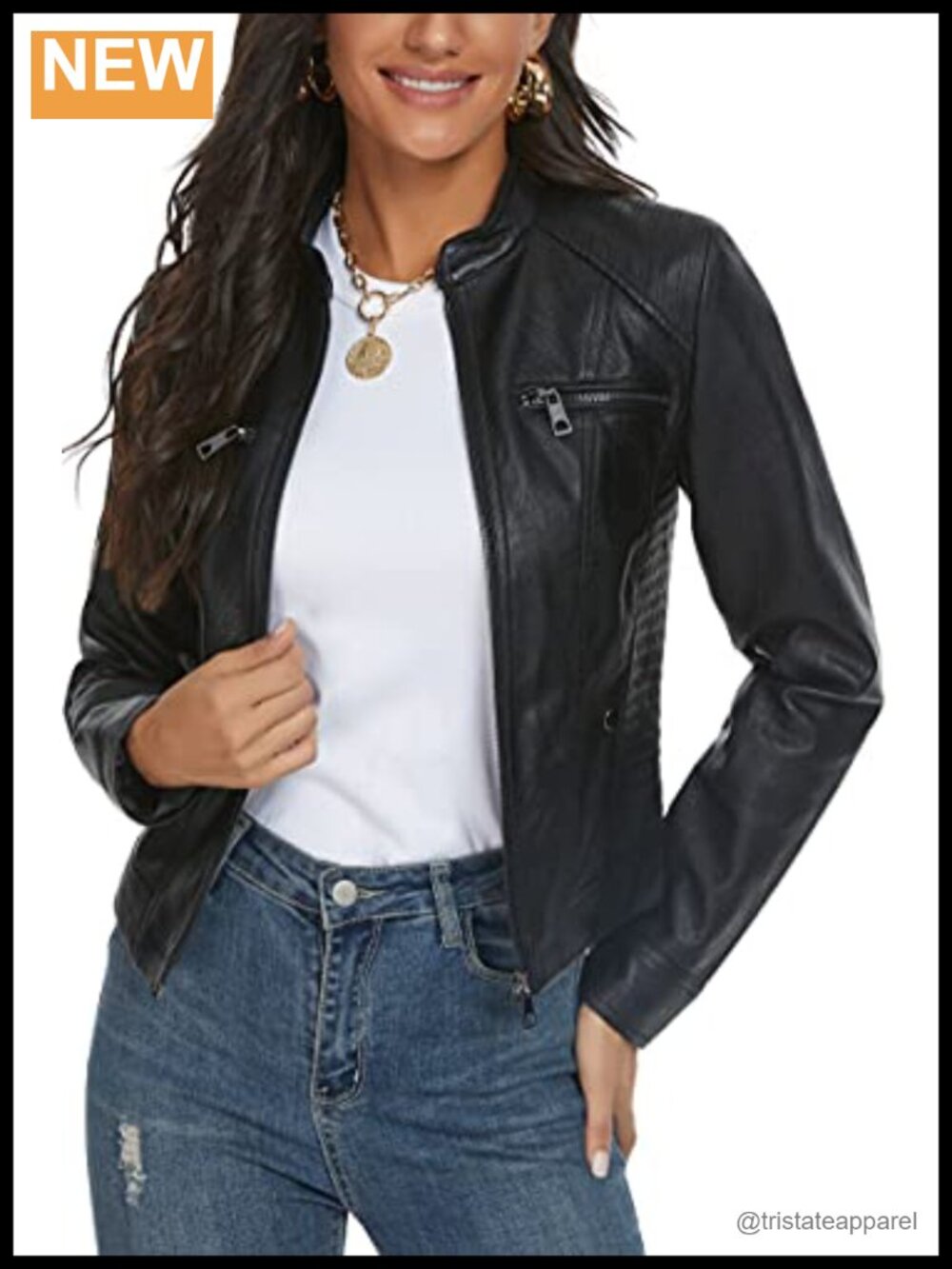 Faux Leather Moto Biker Jacket Stand Collar Slim Fit Women's